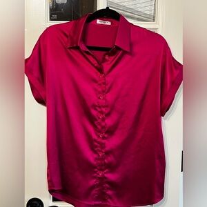 HOTOUCH Hot Pink Fuchsia Silky Button Front Short Sleeve Blouse Size Small